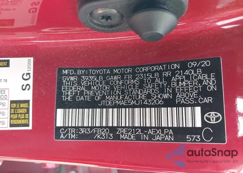 2021 Toyota Corolla Le from USA, damaged, VIN JTDEPMAE5MJ143206